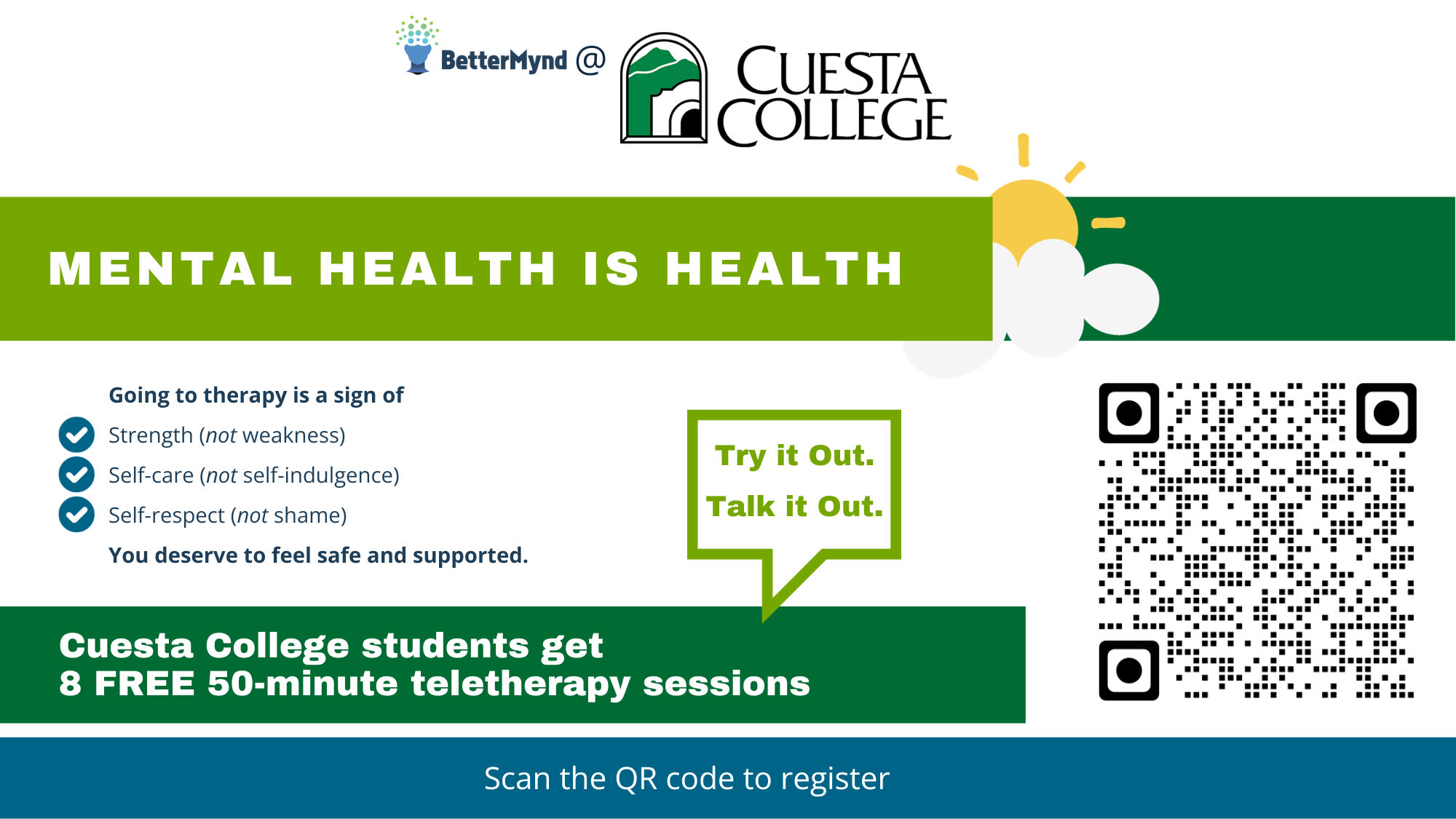 Cuesta College in with partnership with BetterMynd is offering 8 free 50-minute teletherapy sessions to Cuesta College students. Scan the QR code to register
