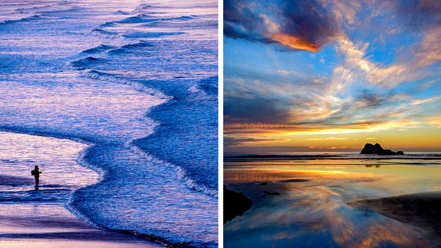 Blue coastline, Morro Bay at sunset, and waves