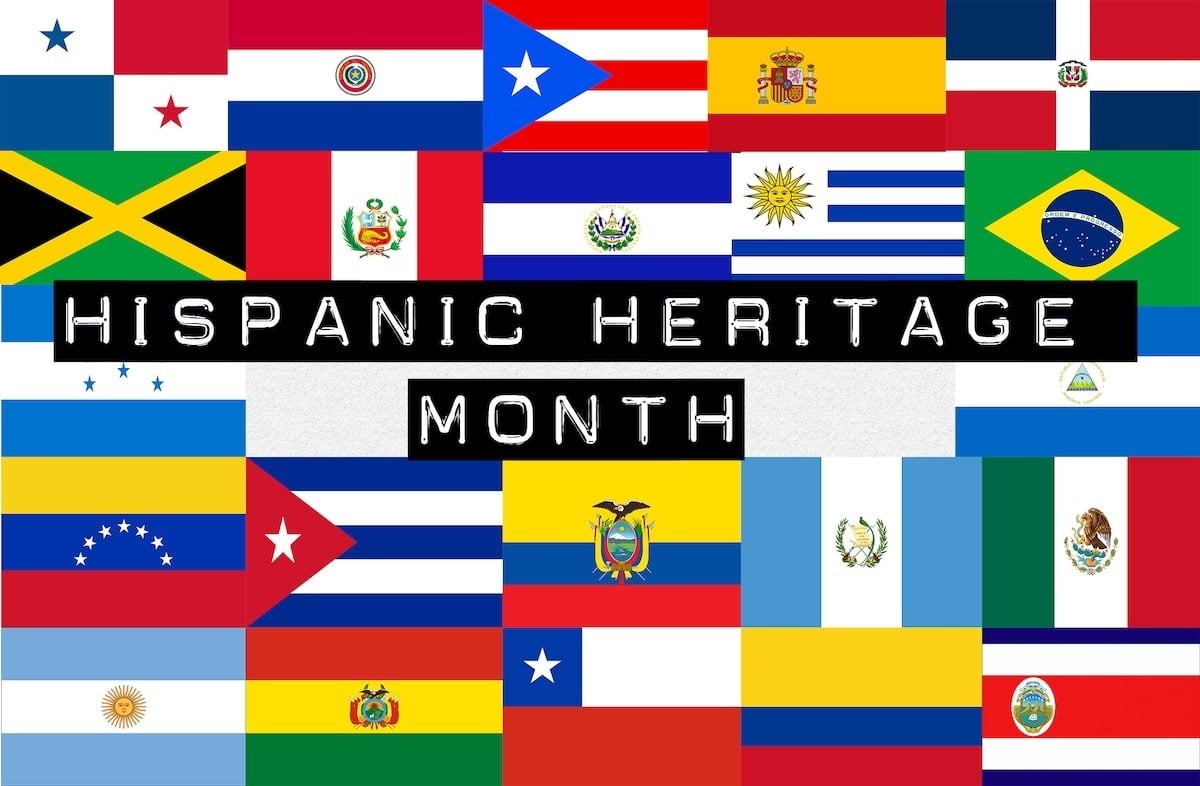 Multi country flag image with Hispanic Heritage Month written on it.